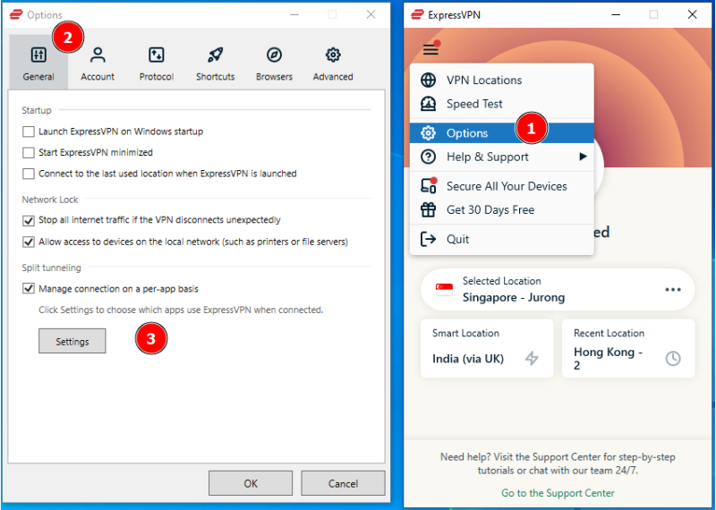 expressvpn'de bölünmüş tünelleme