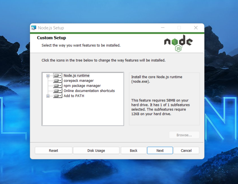 nodejsセットアップを選択