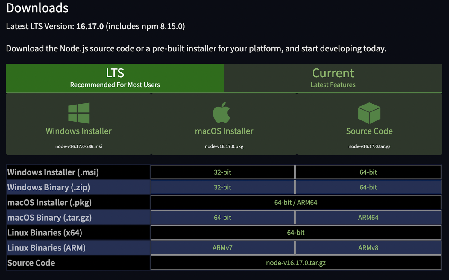node.js の Web サイトに移動します。