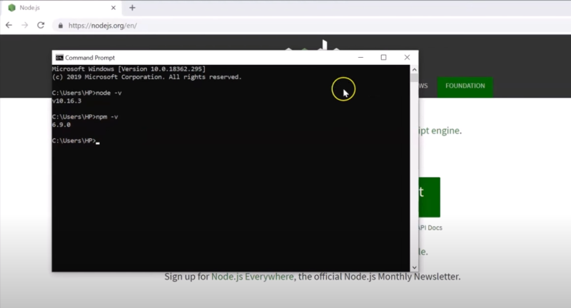 ターミナルに node v と入力します