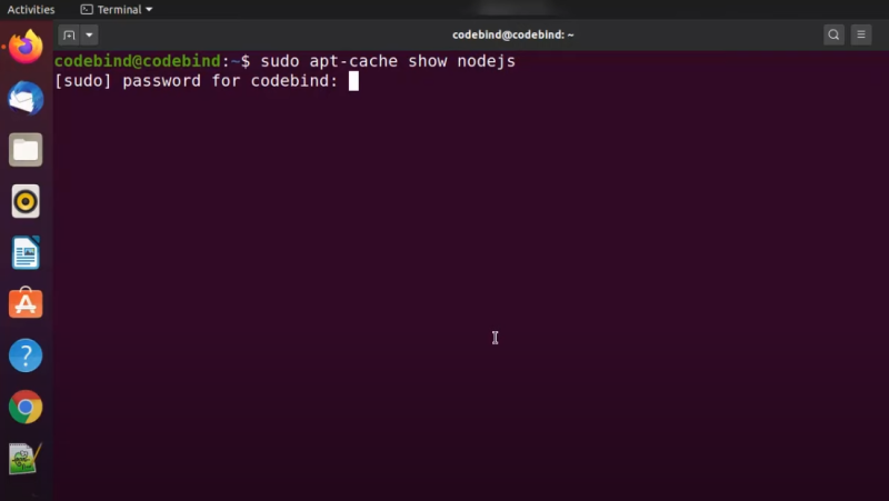 sudo apt install nodejs と入力します