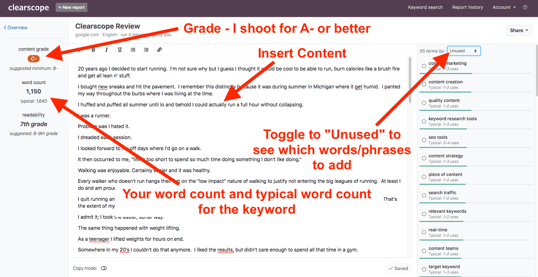 3.Masukkan artikel ke editor visual dan periksa tingkat konten dan istilah yang hilang.-min