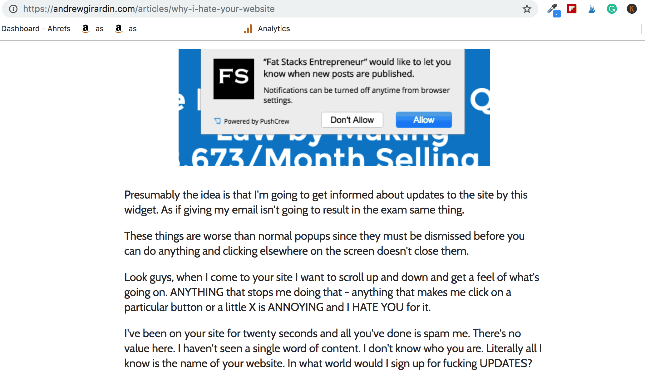 Andrew Girardin publicznie stwierdza, że ​​nienawidzi mnie za marketing na moim blogu