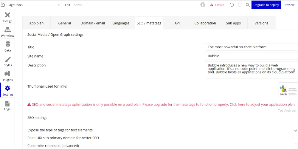 ตัวอย่าง SEO บน Bubble สำหรับเว็บแอป