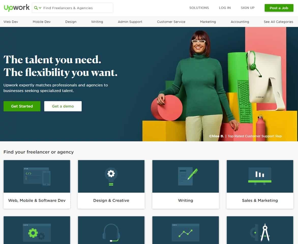 Upwork ウェブサイトのホームページ