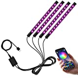 Winzwon 車用 LED ライト、女性/男性向けカー アクセサリー ギフト、USB ポート付き車内ライト、音楽同期色変更、車内用 RGB LED ライト、4 個 48 LED ストリップ ライト