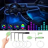5イン1車用LEDストリップライト、インテリアカーライト、RGBカラーの光ファイバーと音楽同期リズムを備えた周囲のLED照明キット、車のドア、センターコンソール、ダッシュボード用のUSBネオンライトアクセサリー、アップグレード版