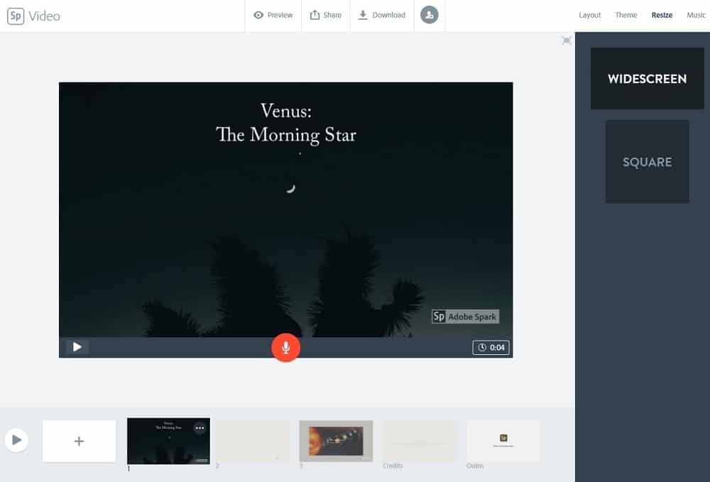 비디오 크기 조정 Adobe Spark의 스크린샷.
