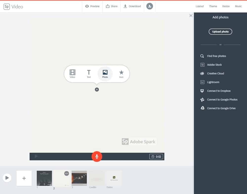 사진을 선택하는 Adobe Spark의 스크린샷