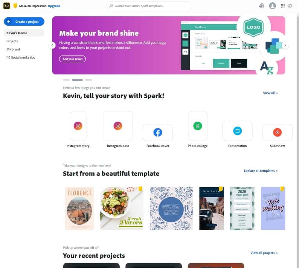 Adobe Spark 초기 시작 옵션의 스크린샷