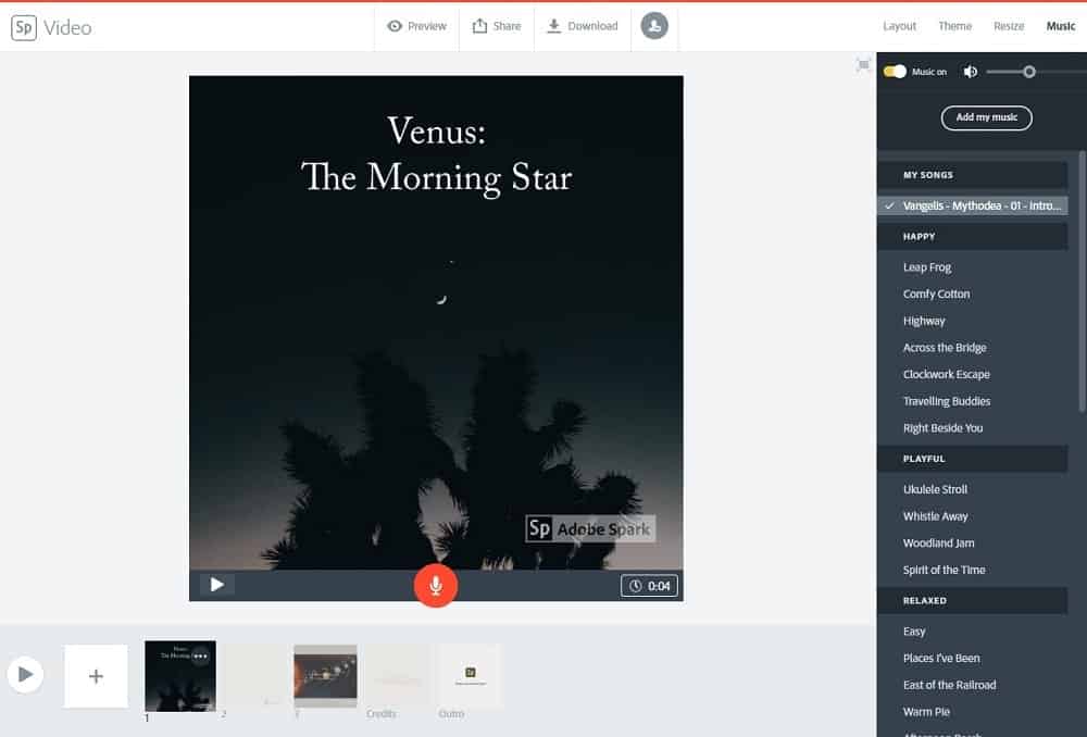 음악 음성 트랙을 선택하는 Adobe Spark의 스크린샷.