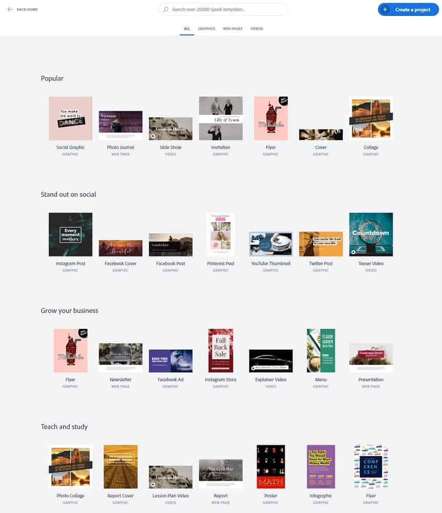 다양한 템플릿 옵션이 있는 Adobe Spark의 스크린샷.