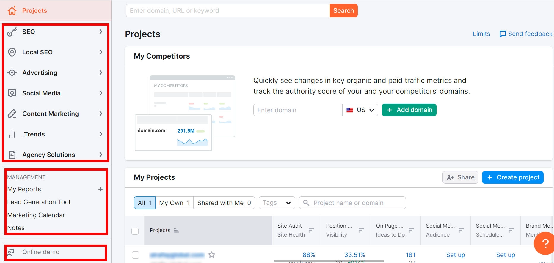 Semrush 탐색 창