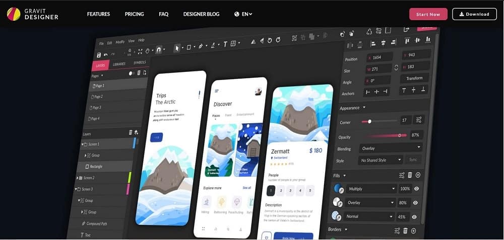 Tangkapan layar alat perangkat lunak perancang pin Gravit Designer.