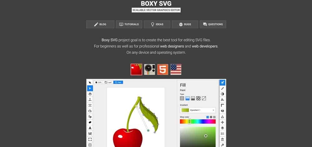 Tangkapan layar alat perangkat lunak perancang pin Boxy SVG.