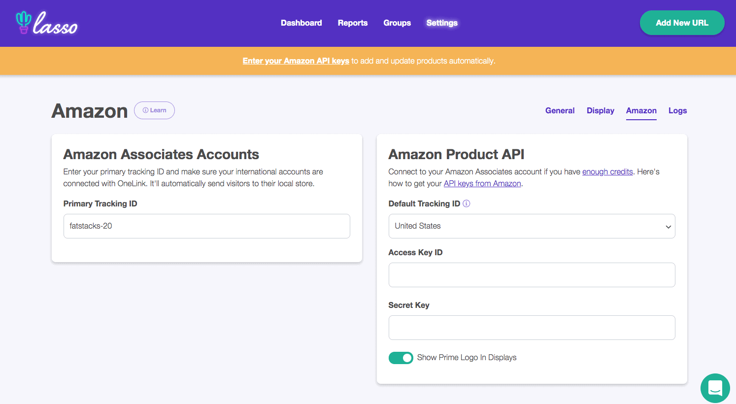 شاشة إدخال بيانات الاعتماد التابعة لشركة Amazon Lasso