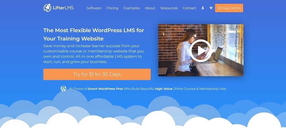 LifterLMS 온라인 코스 소프트웨어 홈페이지 스크린샷.