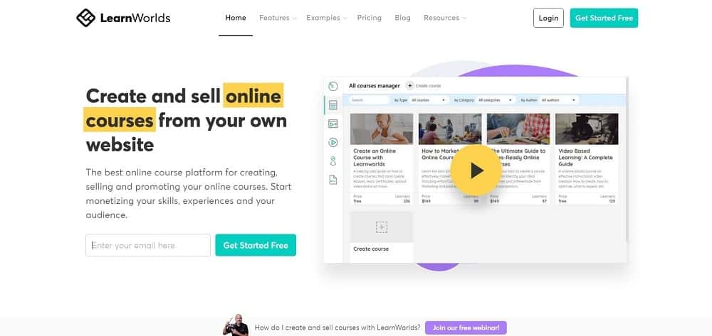 LearnWorlds 온라인 코스 소프트웨어 홈페이지의 스크린샷.