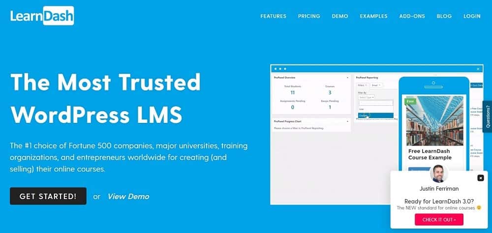 LearnDash 온라인 코스 소프트웨어 홈페이지의 스크린샷.