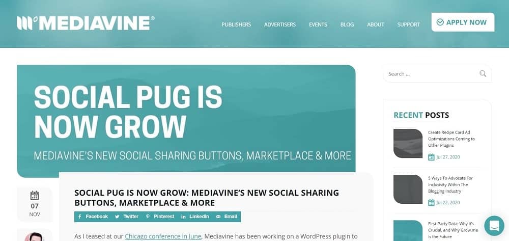 Grow by Mediavine 소셜 미디어 공유 버튼 플러그인 홈페이지의 스크린샷.