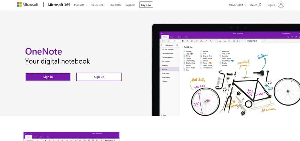 Microsoft OneNote 메모 앱 홈페이지의 스크린샷.