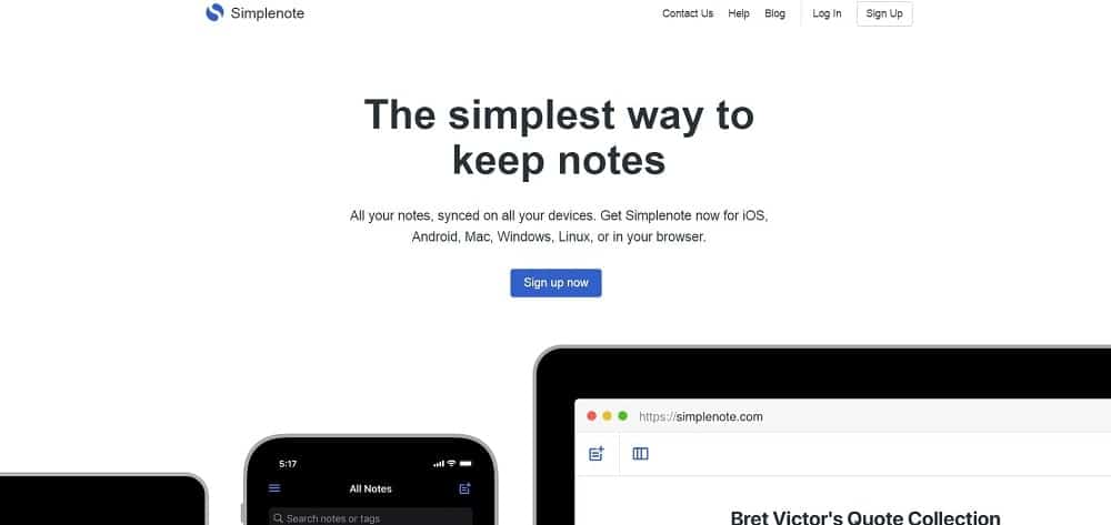 Simplenote 메모 앱 홈페이지 스크린샷.