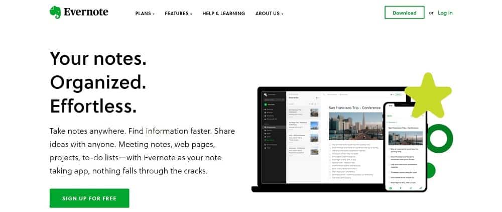 Evernote 메모 앱 홈페이지의 스크린샷.