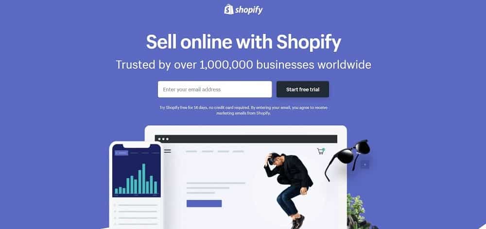 Tangkapan layar beranda platform situs web e-niaga Shopify.