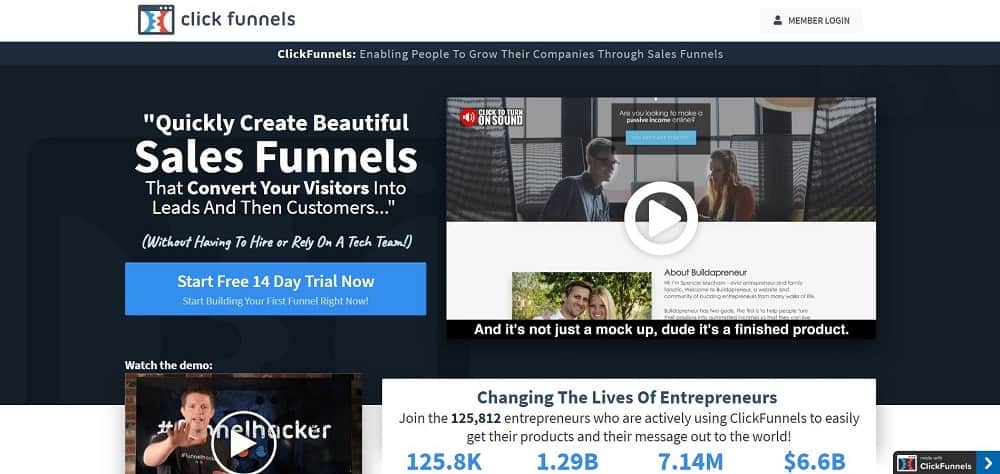 Tangkapan layar beranda perangkat lunak laman landas ClickFunnels.