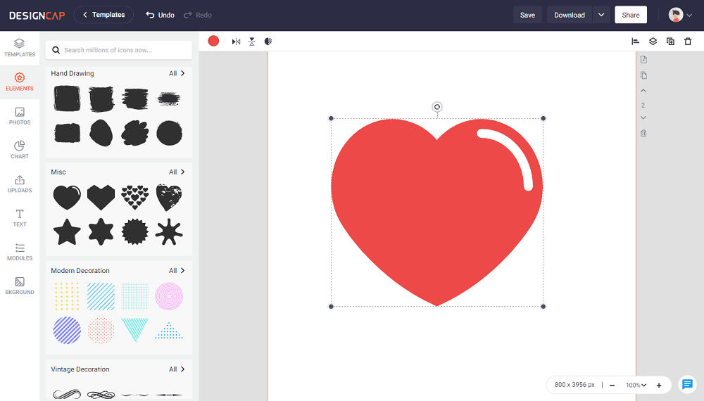 Designcap의 요소 추가 페이지의 스크린샷입니다.