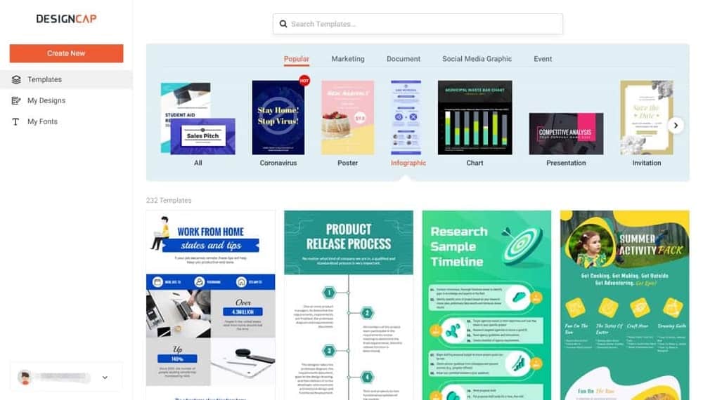 Designcap의 템플릿 페이지 스크린샷입니다.