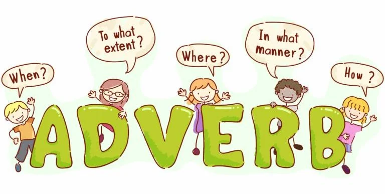 Ilustrasi anak-anak dengan gelembung bicara di atas kepala mereka mengajukan pertanyaan adverbial.