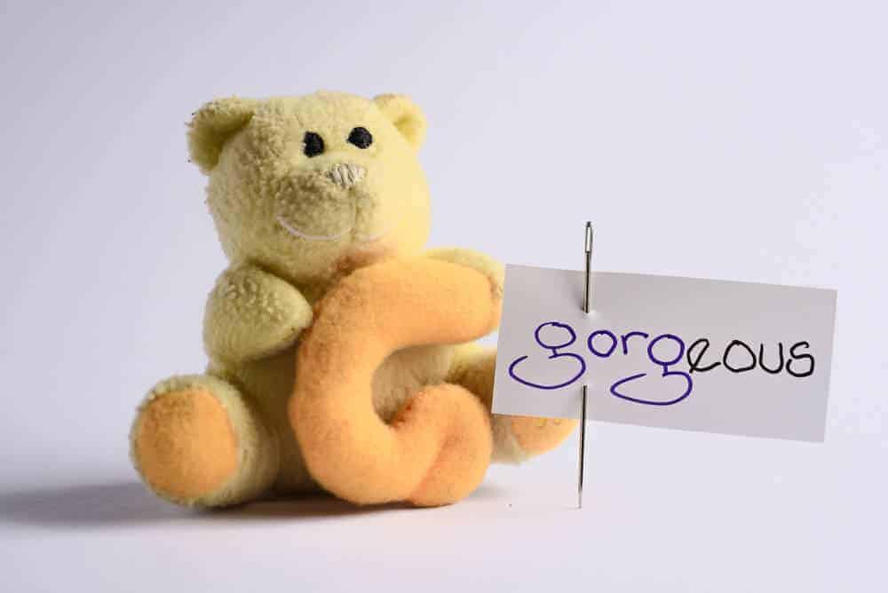 Sebuah boneka beruang dan kartu isyarat dengan kata "cantik."