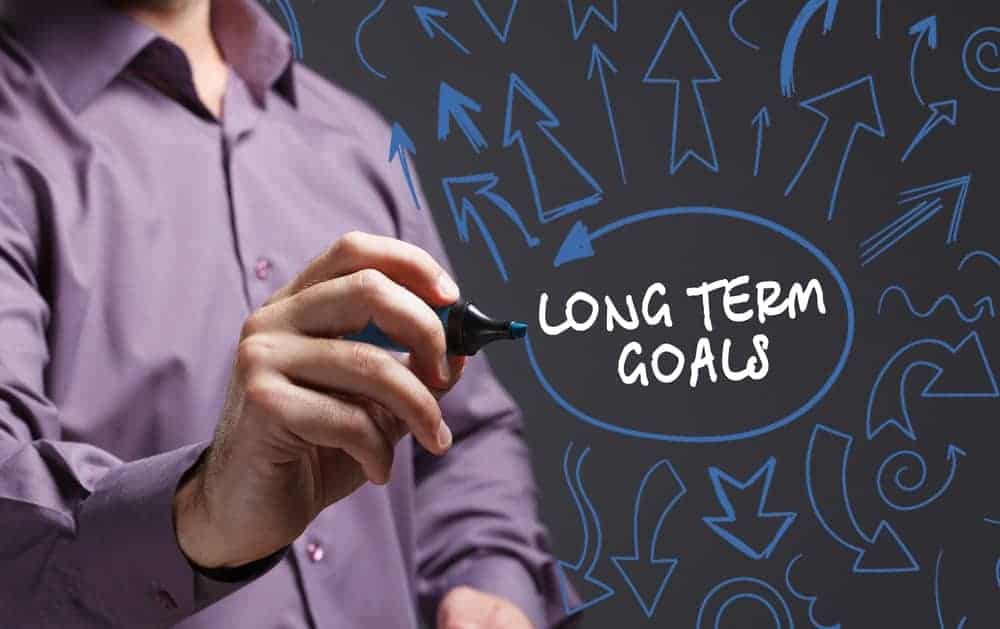 Un uomo circonda le parole Obiettivi a lungo termine circondate da disegni di frecce.