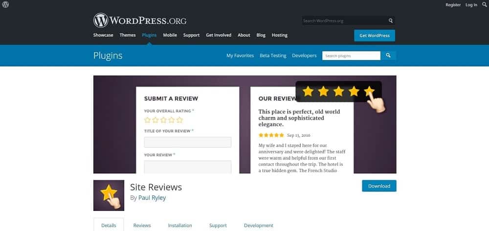 スキーマと評価のホームページ用の Site Reviews 製品レビュー プラグインのスクリーンショット。