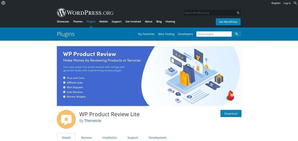 スキーマと評価のホームページ用の WP Product Review Lite 製品レビュー プラグインのスクリーンショット。