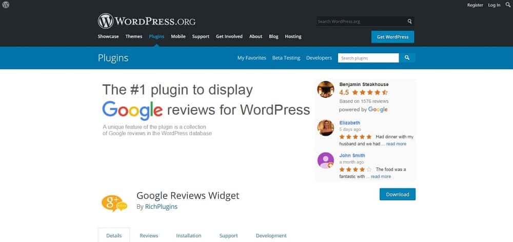スキーマと評価のホームページ用の Google レビュー ウィジェット製品レビュー プラグインのスクリーンショット。