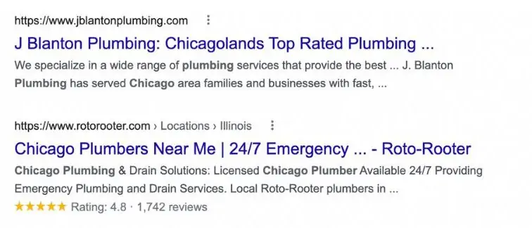 Un esempio di risultati sulla SERP di Google dell'idraulico a Chicago
