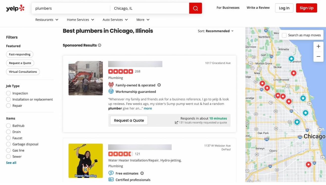 I primi risultati durante la ricerca di idraulici Chicago su Yelp