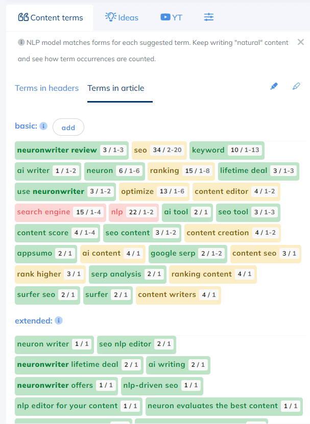 Revisión de Neuronwriter: Comience a escribir contenido con SEO NLP Editor 10 content terms in article