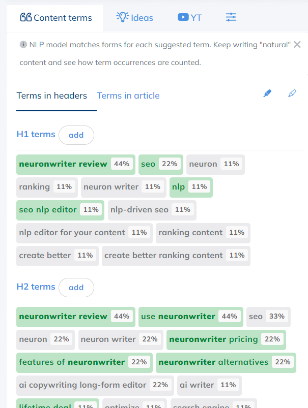 Revisión de Neuronwriter: Comience a escribir contenido con SEO NLP Editor 9 content terms in header