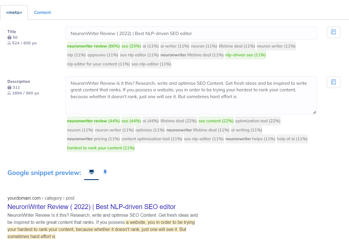 Revisión de Neuronwriter: Comience a escribir contenido con SEO NLP Editor 7 meta title and description optimization