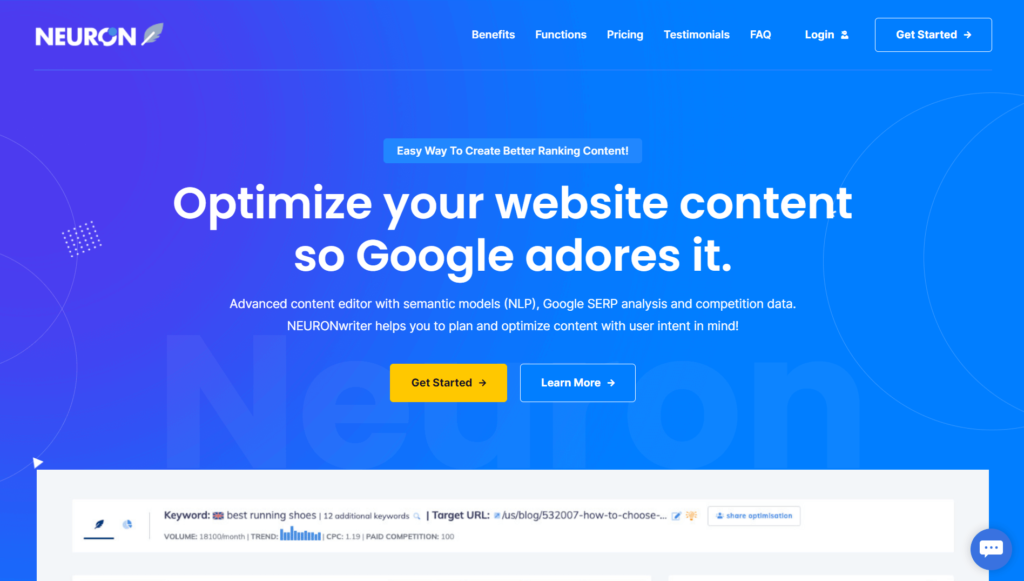 Revisión de Neuronwriter: Comience a escribir contenido con SEO NLP Editor 1 neuronwriter homepage