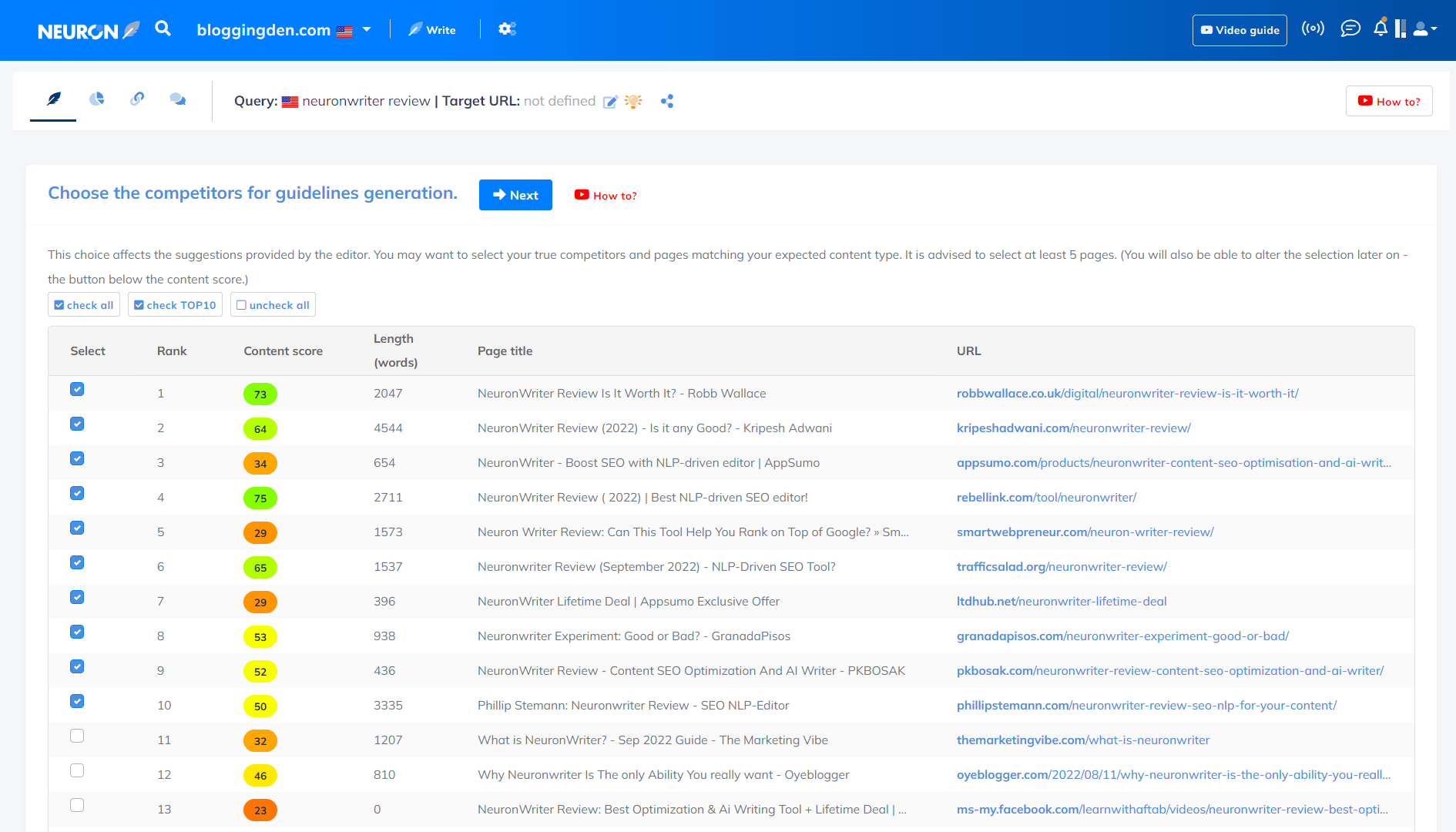 Revisión de Neuronwriter: Comience a escribir contenido con SEO NLP Editor 3 choose the competitors for guidelines generation