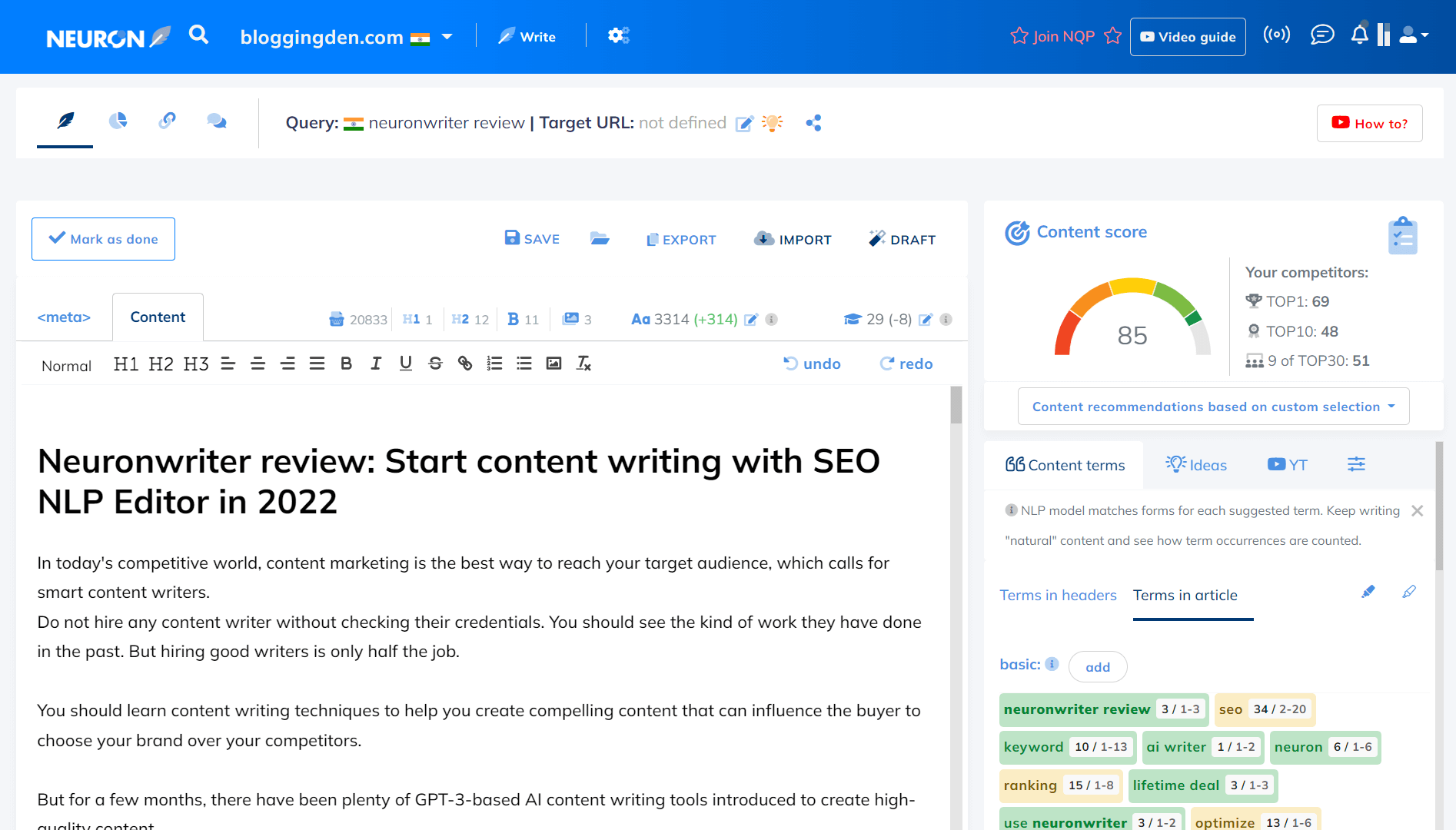 Revisión de Neuronwriter: Comience a escribir contenido con SEO NLP Editor 6 content editor complete
