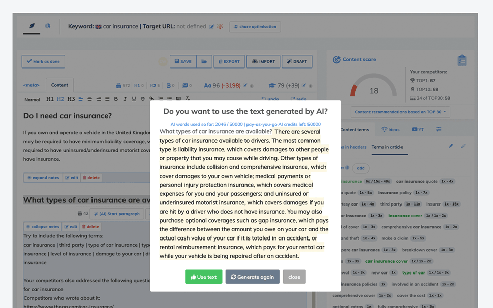 Revisión de Neuronwriter: Comience a escribir contenido con SEO NLP Editor 13 content generation optimisation with AI content generation