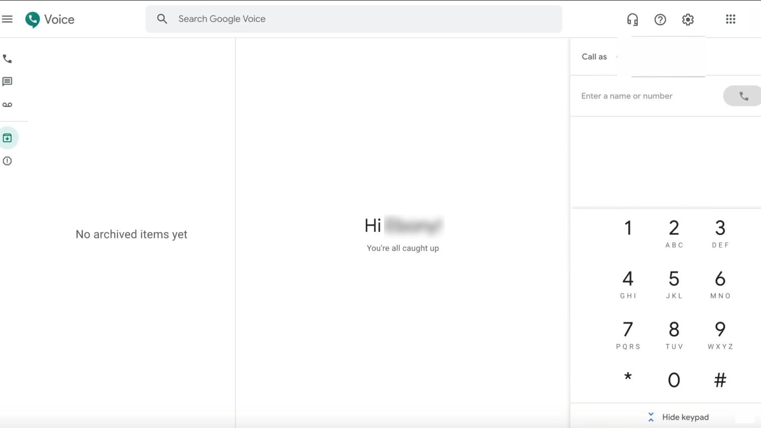 Benutzeroberfläche von Google Voice für den persönlichen Gebrauch