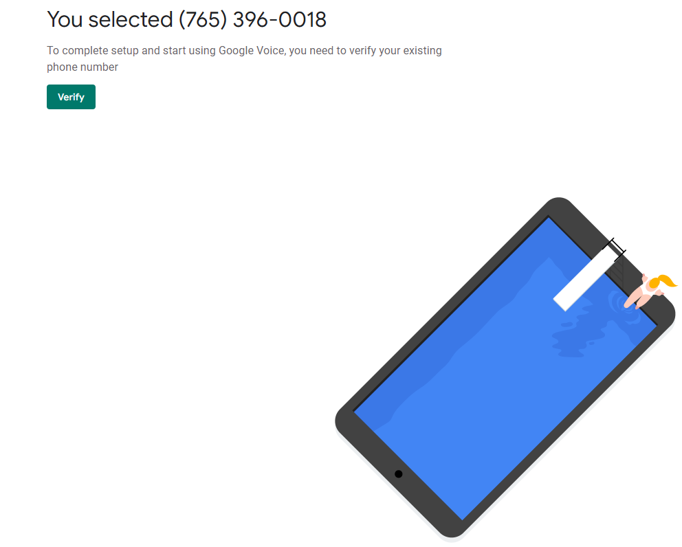 Eine Google Voice-Nummer zur Aktivierung ausgewählt
