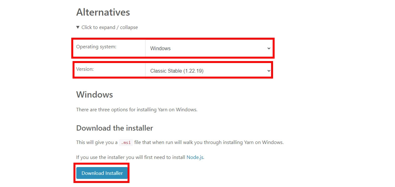 Yarn MSI für die Installation von Yarn unter Windows erhalten