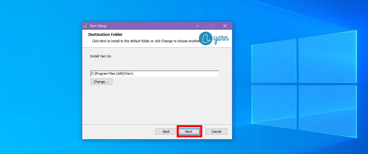 Überprüfen der Installation von Garn im Windows-Zielordner
